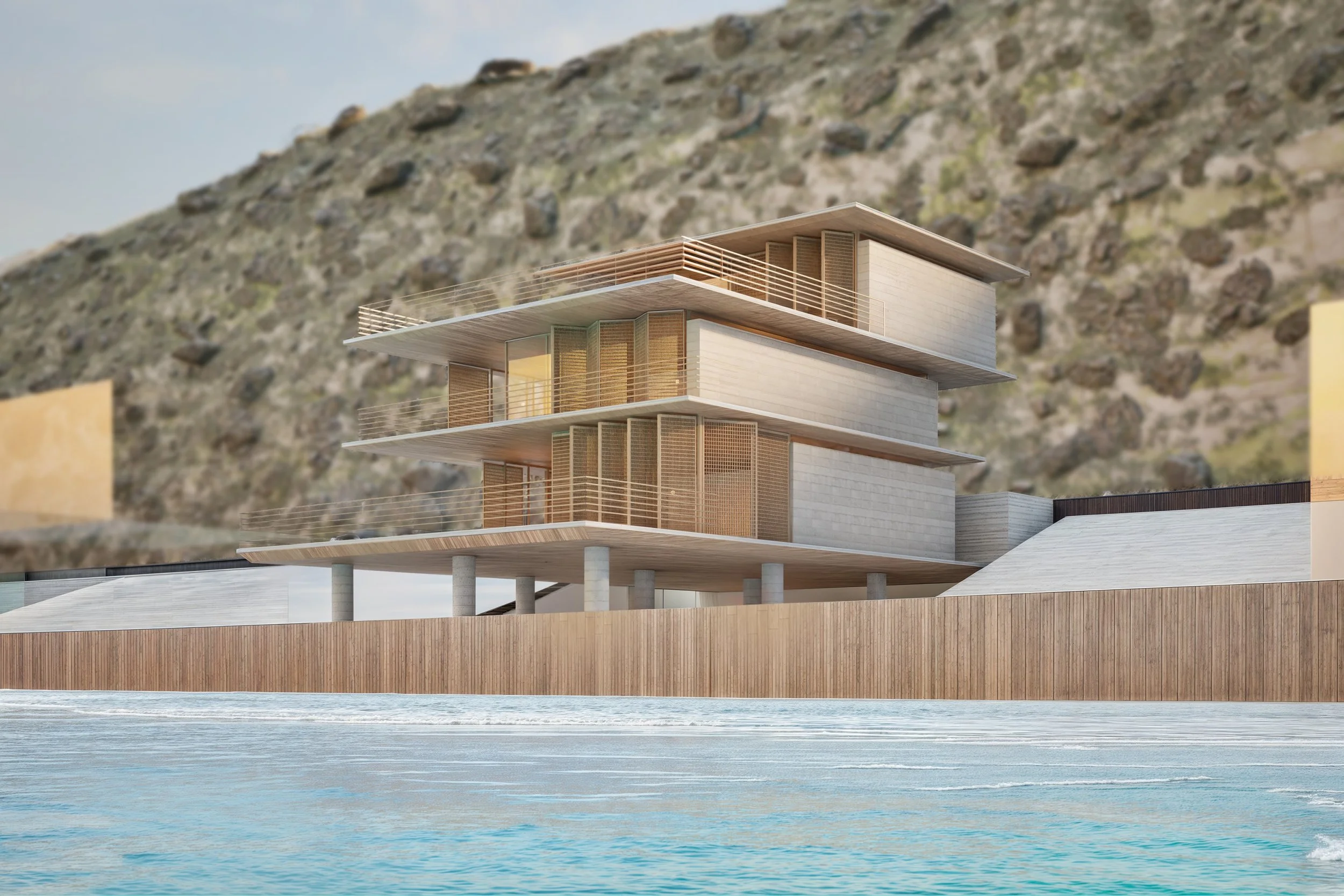 Modern luxury villas with large swimming pool, surrounded by greenery and flowers, under a cloudy sky.