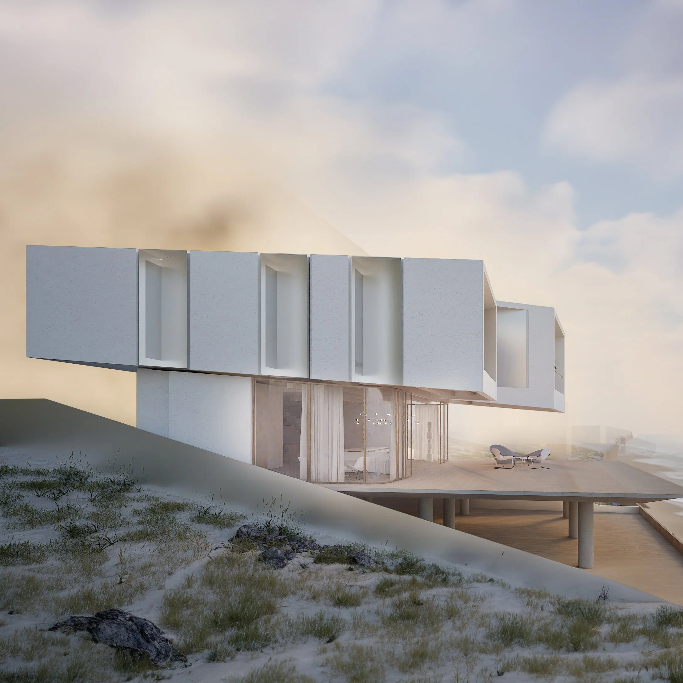 Modern building with a crowd outside, palm tree, and bicycle.