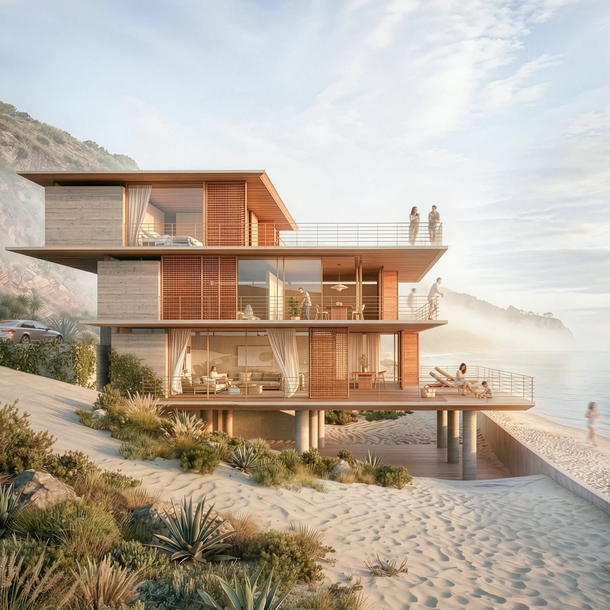 Modern coastal house with large windows and wooden facade, surrounded by lush greenery and ocean view.