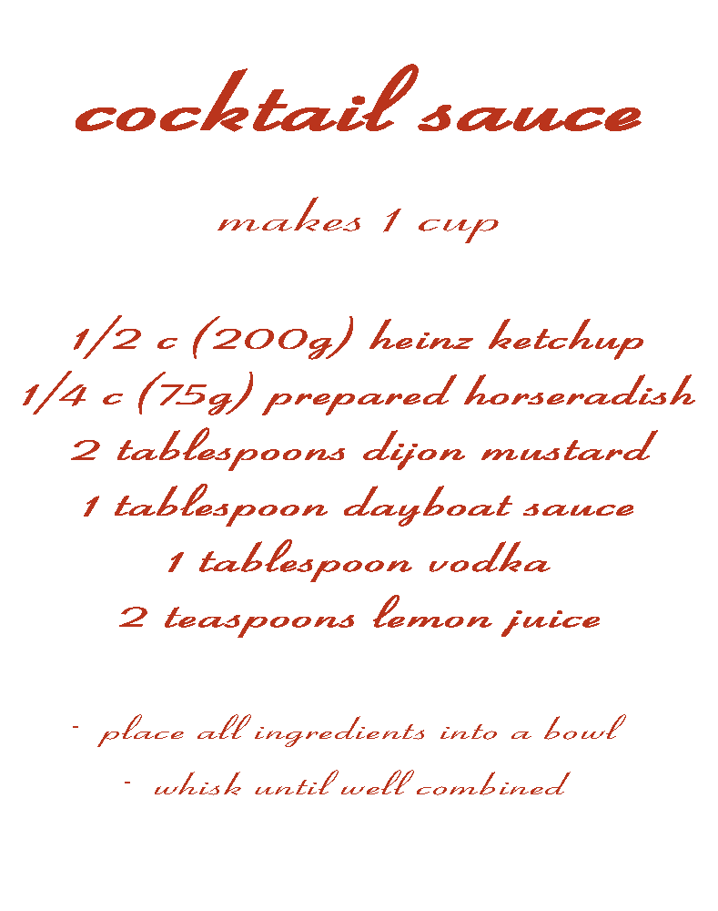 Recipe for cocktail sauce with ingredients listed in red cursive font.