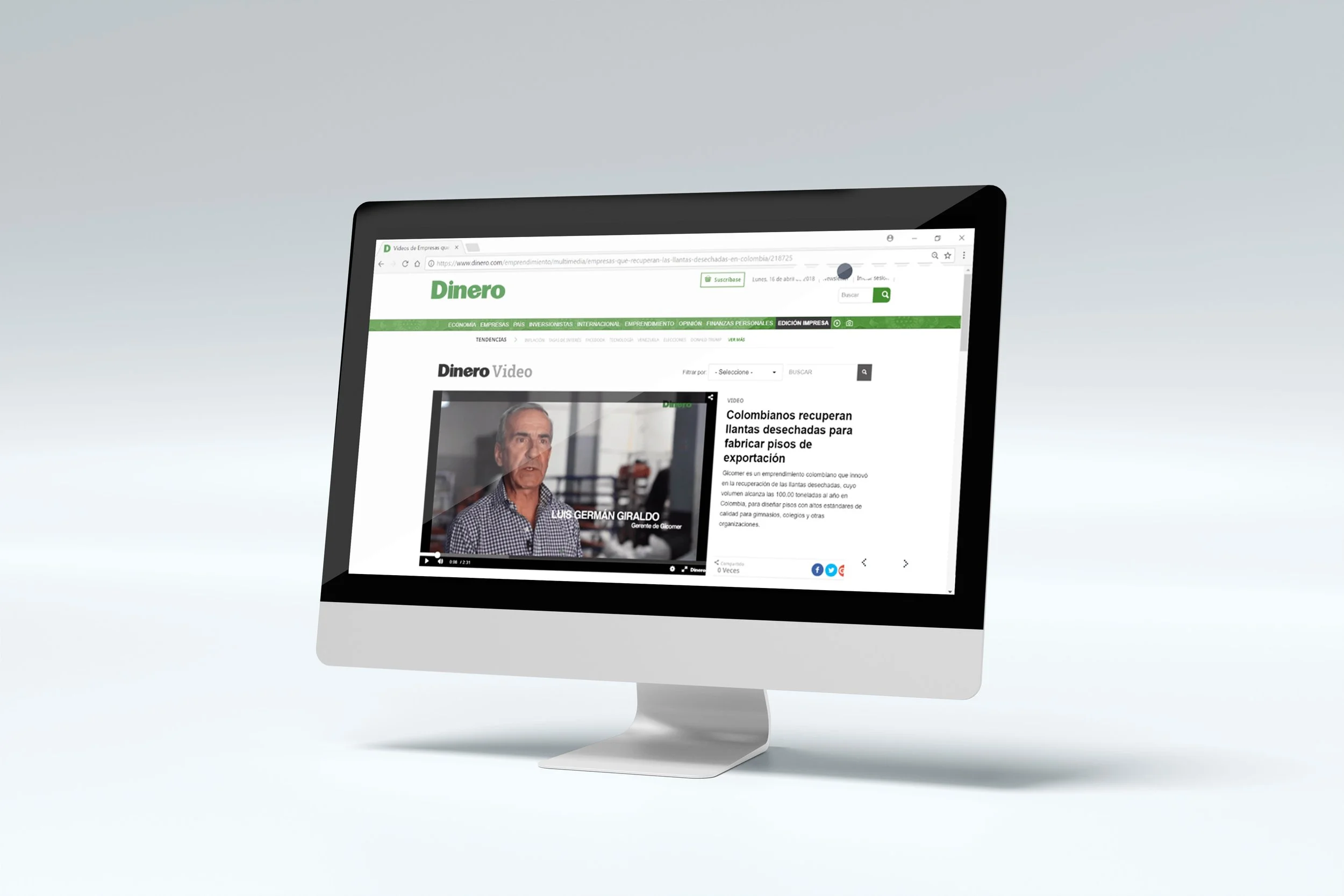 Pantalla de una computadora que muestra un video sobre la recuperación de llantas desechadas por colombianos para fabricar pisos de exportación.