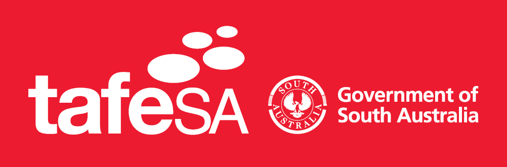 Red background with white text and logos, including the words "tafe SA" and "Government of South Australia" along with a circular emblem featuring a kangaroo and a waratah flower.