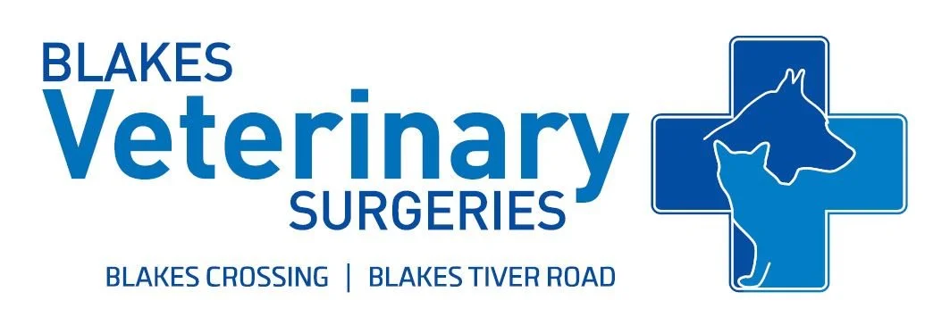 Logo for Blakes Veterinary Surgeries featuring a blue cross with outlines of a dog and a cat.