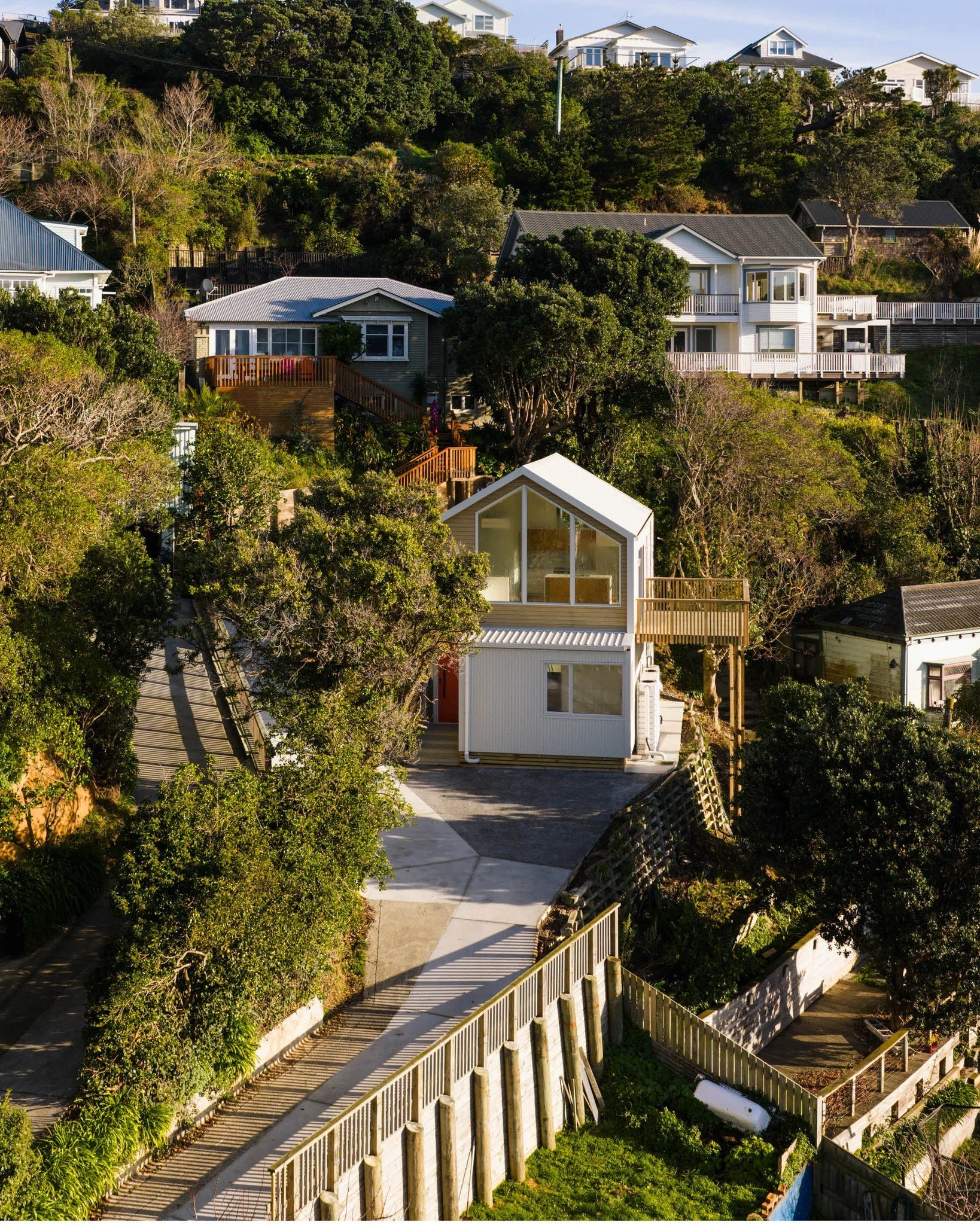 DERWENT 

This bespoke home sits as an infill dwelling on a newly subdivided hillside site in Island Bay, Wellington. The steep, exposed setting required a careful and considered response, creating the opportunity for a high-performance home that int