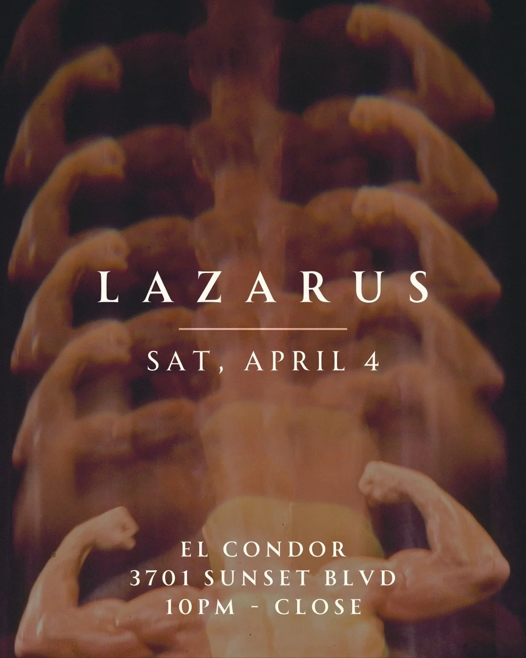 Join us at El Condor on Saturday, April 4! We&rsquo;ve got TSG (@trainersethg) on the decks.

NO COVER.

LAZARUS is a pop-up event series where we descend on locations &amp; venues that were once gay spaces. For a night, we resurrect its former spiri