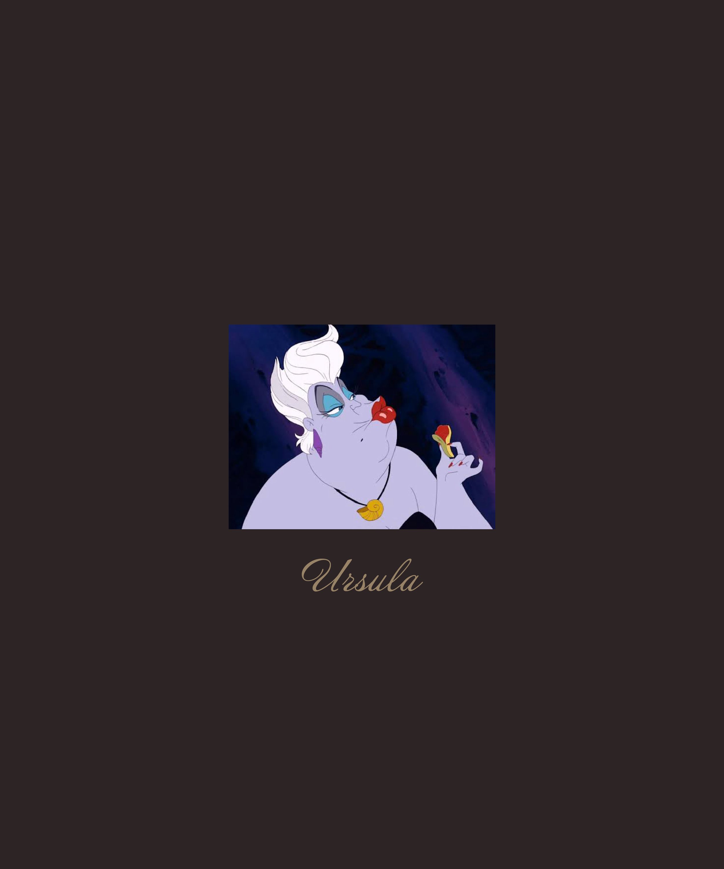 Animated sea witch character applying lipstick with a shell necklace, labeled "Ursula."