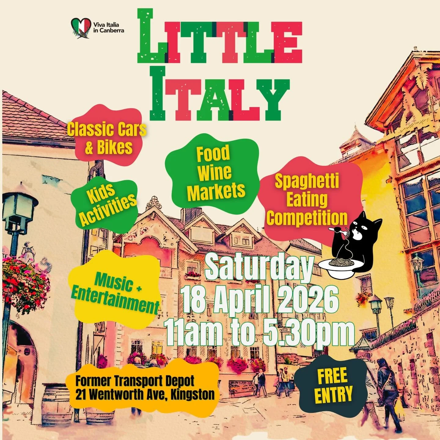 Viva Italia in Canberra will hold a festival day on Saturday 18 April showcasing Italy and its rich culture at the Former Transport Depot, Wentworth Ave, Kingston. Enjoy Italian Street Food while tasting local vino. Be entertained all day by a variet