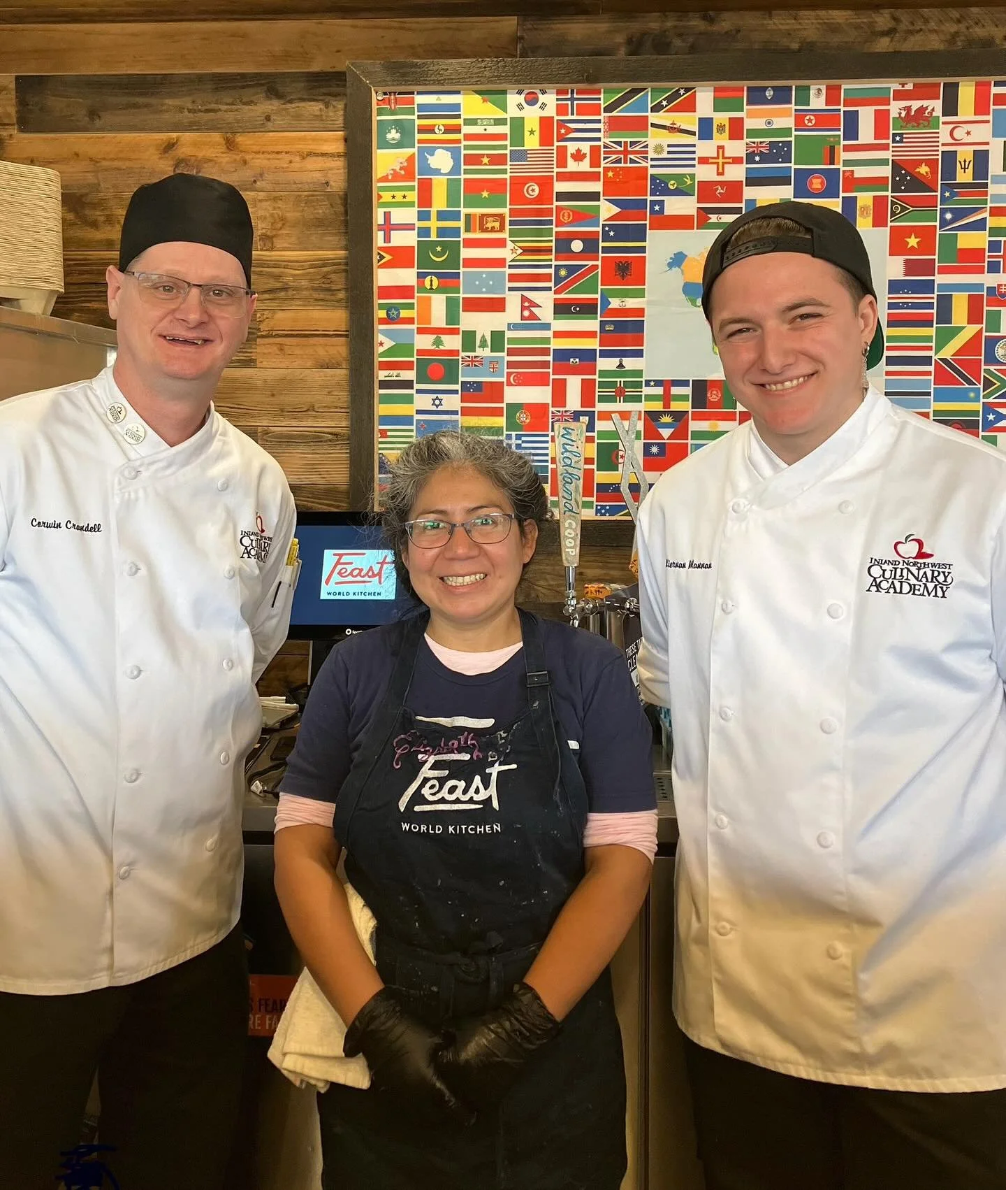 Thursday 11/6
Chef Elizabeth &mdash; originally from El Salvador &mdash; is ready to serve you, along with Chef Kiernan (right) and Chef Corwin (left), two culinary students joining us today to help keep service smooth and to soak up some real-world 