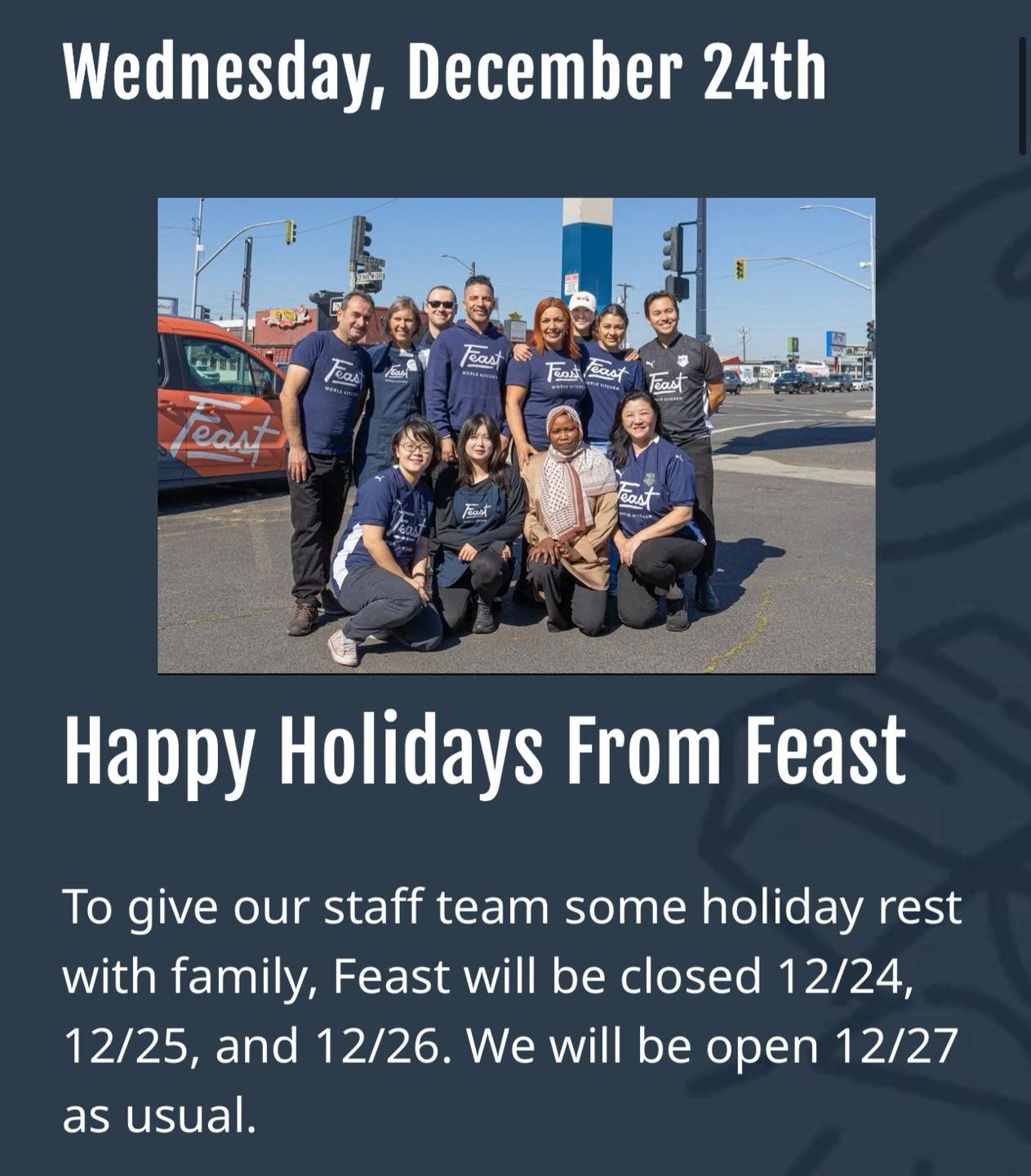 Friends our menus are live for Saturday 12/27 and Sunday 12/28, but we will be closed until then! On the weekend, please come out and support our friends Chef Naamati from Palestine and Chef Vicky from Taiwan! Check out their menus at feastworldkitch