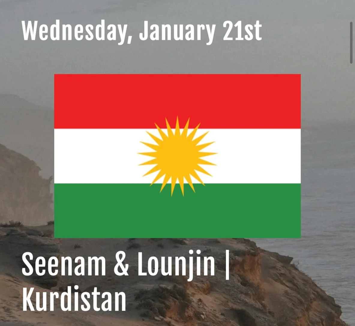 🗓️ Plan your week with us &ndash; new rotation is here!

🌍 Travel the world one plate at a time:

Wednesday (Jan 21) &ndash; Seenam &amp; Lounjin | Kurdistan 🇹🇯
Thursday (Jan 22) &ndash; Kidane &amp; Besrat | Eritrea 🇪🇷
Friday (Jan 23) &ndash; 