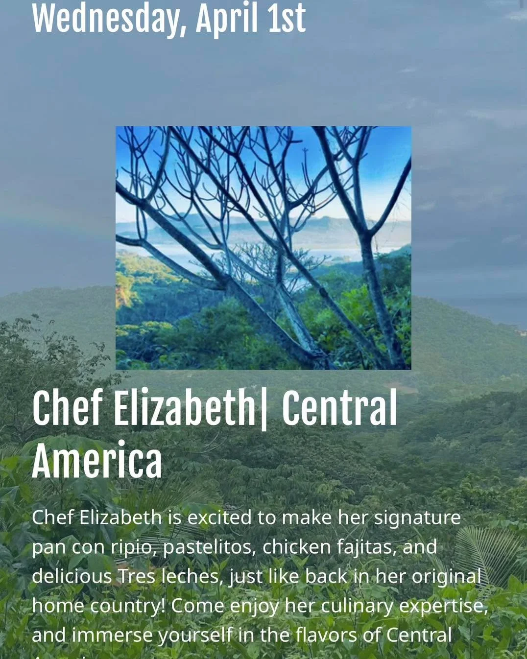 It&rsquo;s menu Monday so we have been busy posting all the offerings for this upcoming week!
Wednesday: Chef Elizabeth (Central American food)
Thursday: Chef Abdelrahman (Syrian food)
Friday: Chef Yudy (Cuban food)
Saturday: Chef Vicky (Taiwanese fo