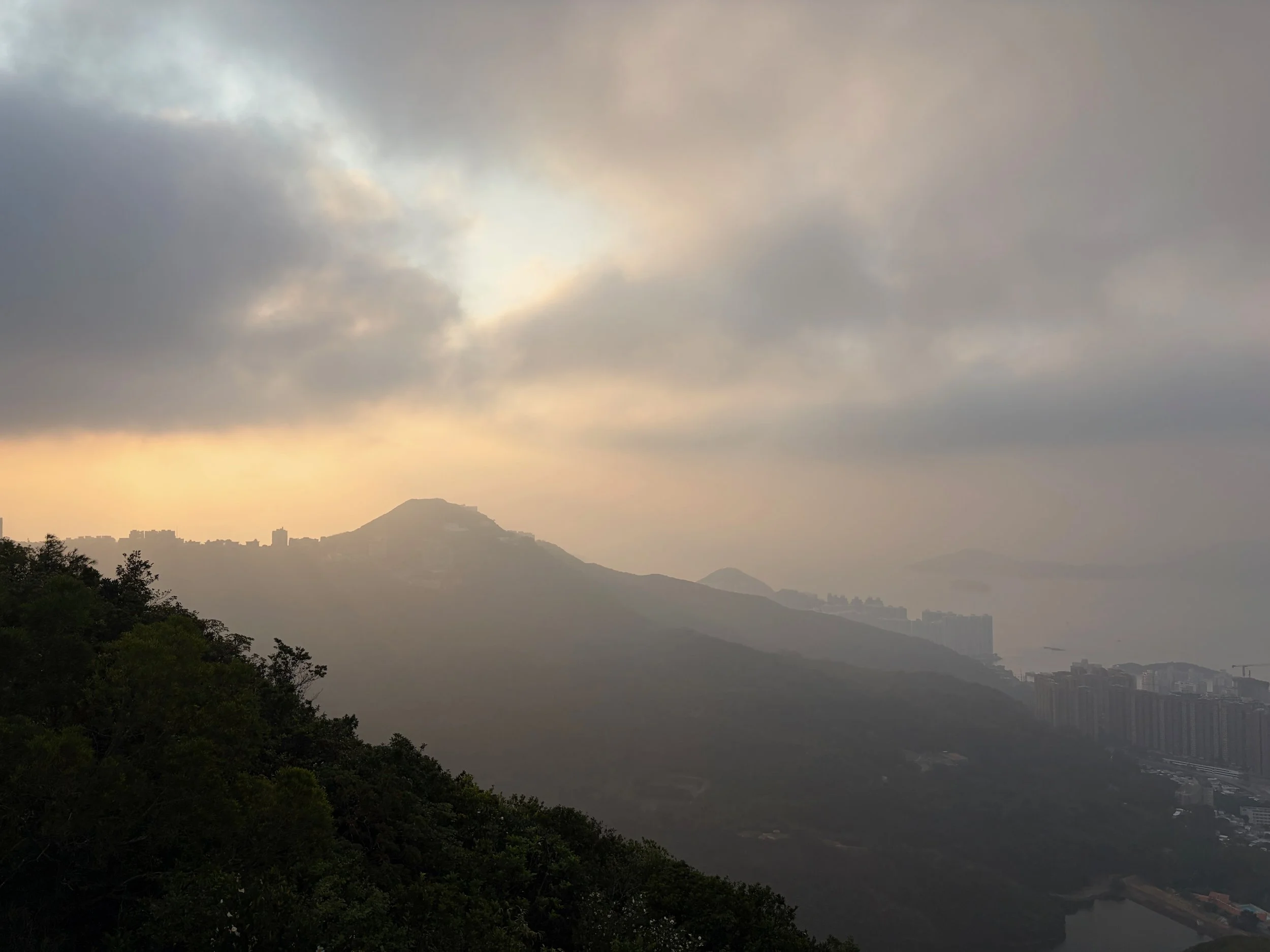 A foggy cityscape with a mountain in the background, overcast sky with clouds, and trees in the foreground.