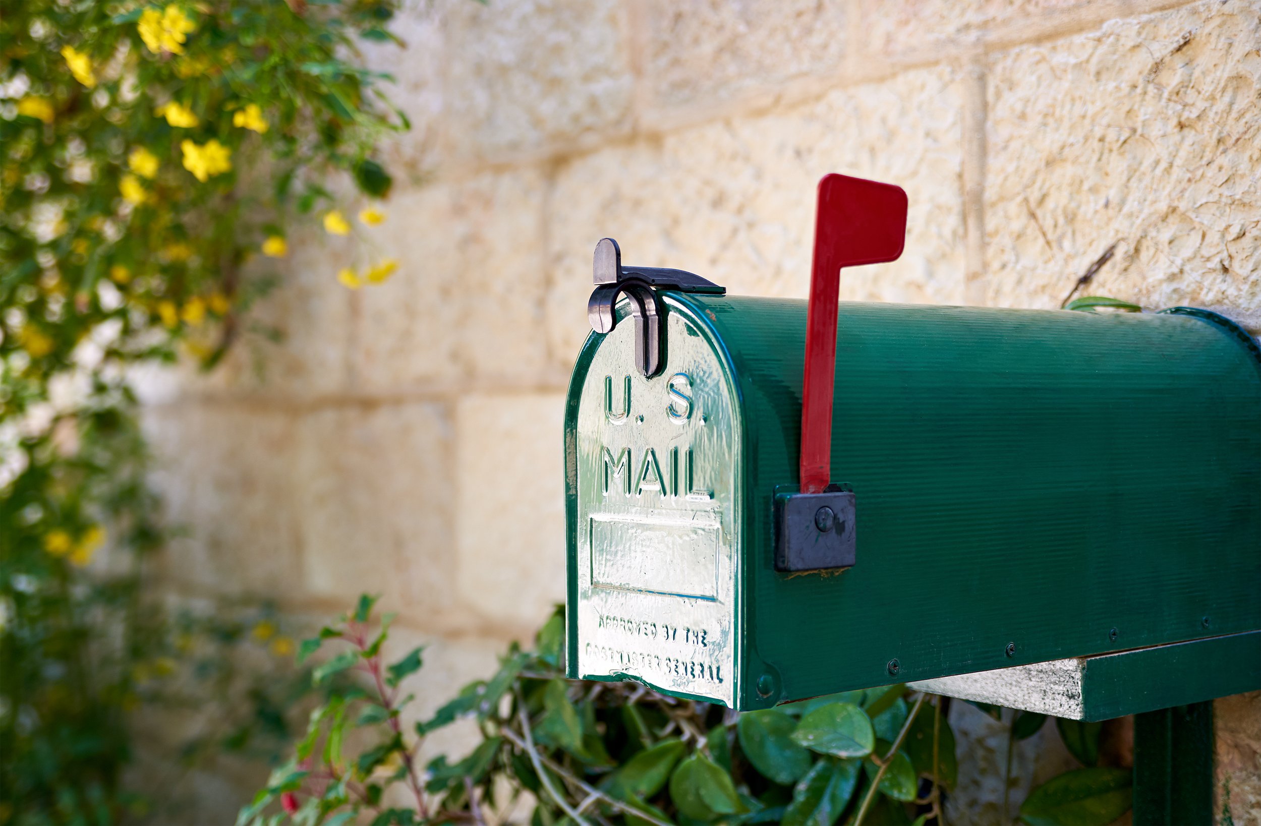 Green U.S. mail mailbox with red flag mounted on a green post, next to a stone wall and surrounded by green plants and yellow flowers