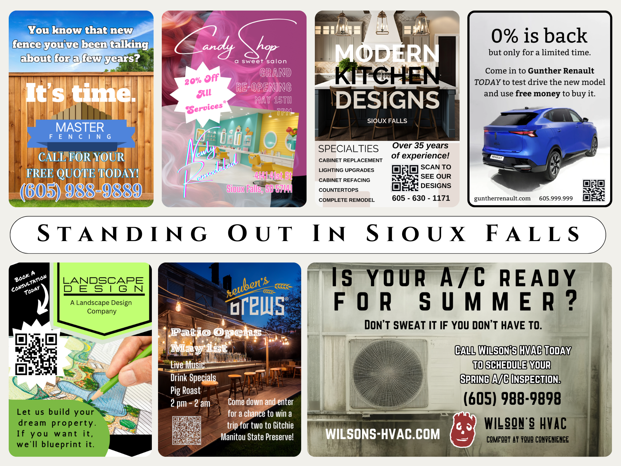 Collage of various local business advertisements including fencing, salon, kitchen designs, car dealership, landscape design, bar and patio, HVAC services, and summer readiness promotions in Sioux Falls.