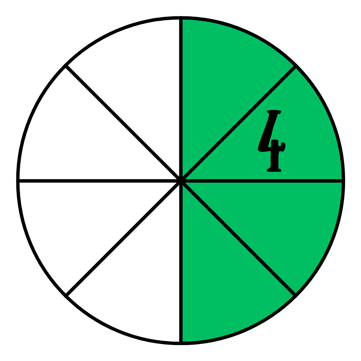 A pie chart with eight segments, four are white and four are green. The green segment has a black numeral 4 in the middle.