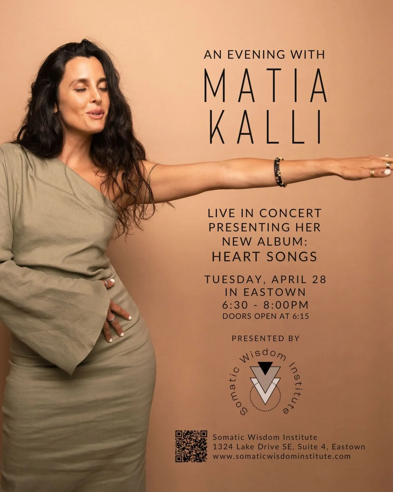 ✨m a t i a✨

Live in Concert: Matia Kalli!

We are overjoyed to welcome our dear friend and teacher, Matia Kalli, for her very first concert in Grand Rapids! 

🗓️Tuesday, April 28, 2026
⌚️6:30 PM  8:00 PM 📍1324 Lake Drive SE, Eastown

Doors open at