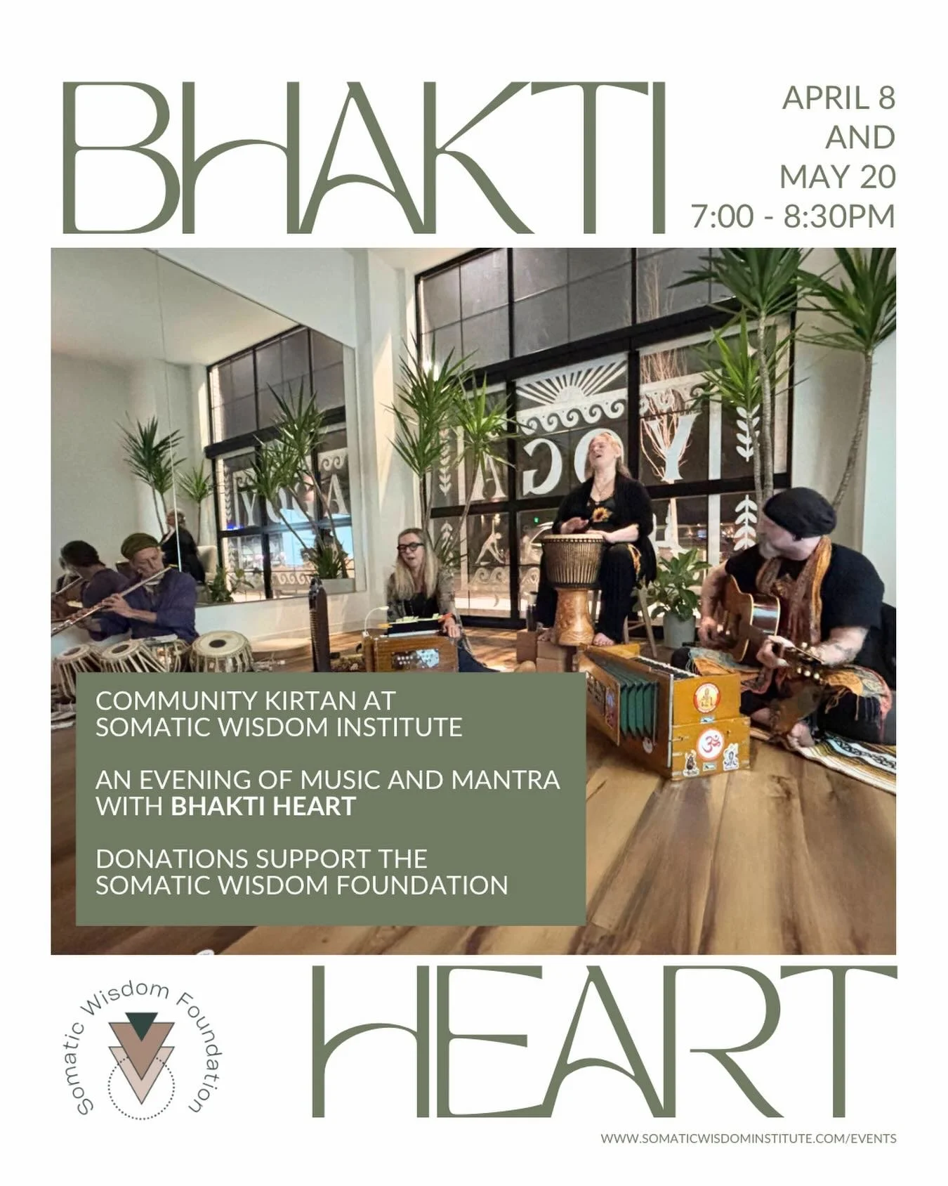 ✨kirtan✨

Community Kirtan with Bhakti Heart

Wednesday, April 8 and May 20.

Somatic Wisdom Institute
1324 Lake DR SE, Suite 4
 7:00 &ndash; 8:30 PM

✨Come as you are and join Prem, Kristin, Jeff and Susanne for an evening of heart-opening Kirtan &m