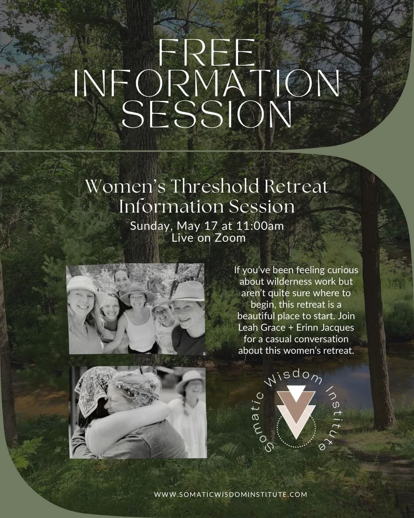 ✨Free Information Session✨

Women&rsquo;s Threshold Retreat Information Session

💻Live on Zoom
🗓️Sunday, May 17th
⌚️11:00 AM

🌿In every season of our lives, we carry stories that are ready to be honored, witnessed, tended, and transformed. 

🌱If 
