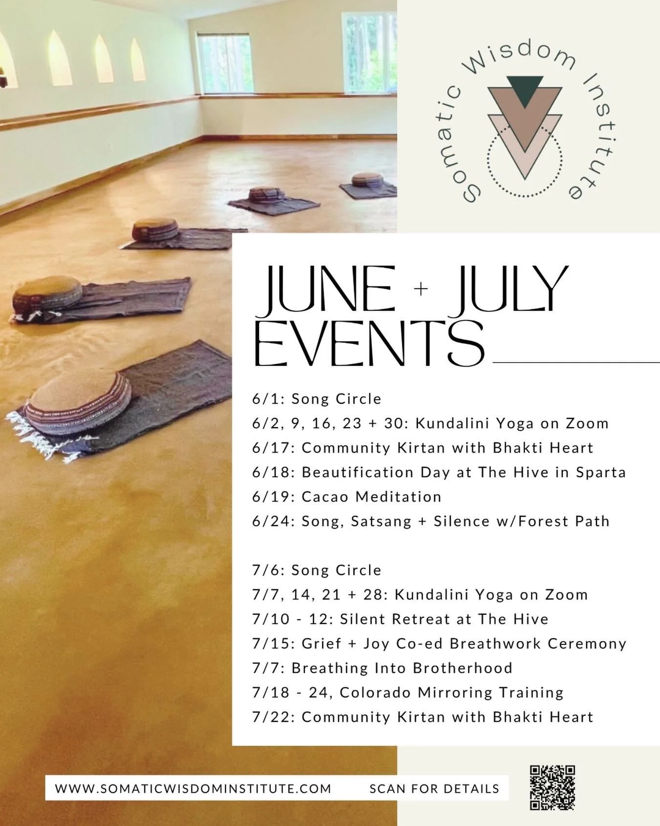 ✨ June + July✨

Join us for a season of connection, practice, music and transformation at Somatic Wisdom Institute. We&rsquo;d love to see you 💛

JUNE
🎶 June 1: Song Circle
🧘&zwj;♀️ June 2, 9, 16, 23 &amp; 30: Kundalini
🎵 June 17: Community Kirta