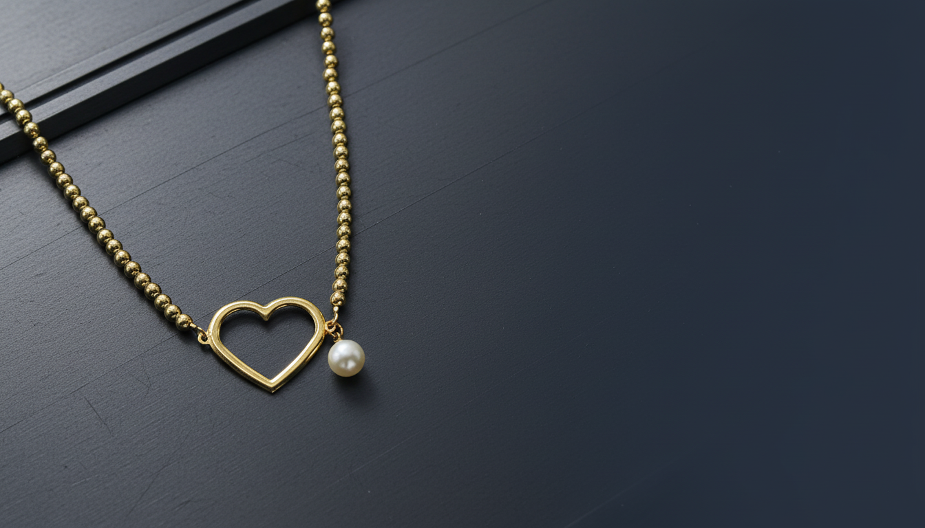 Gold necklace with heart-shaped pendant and pearl charm displayed on a dark surface.