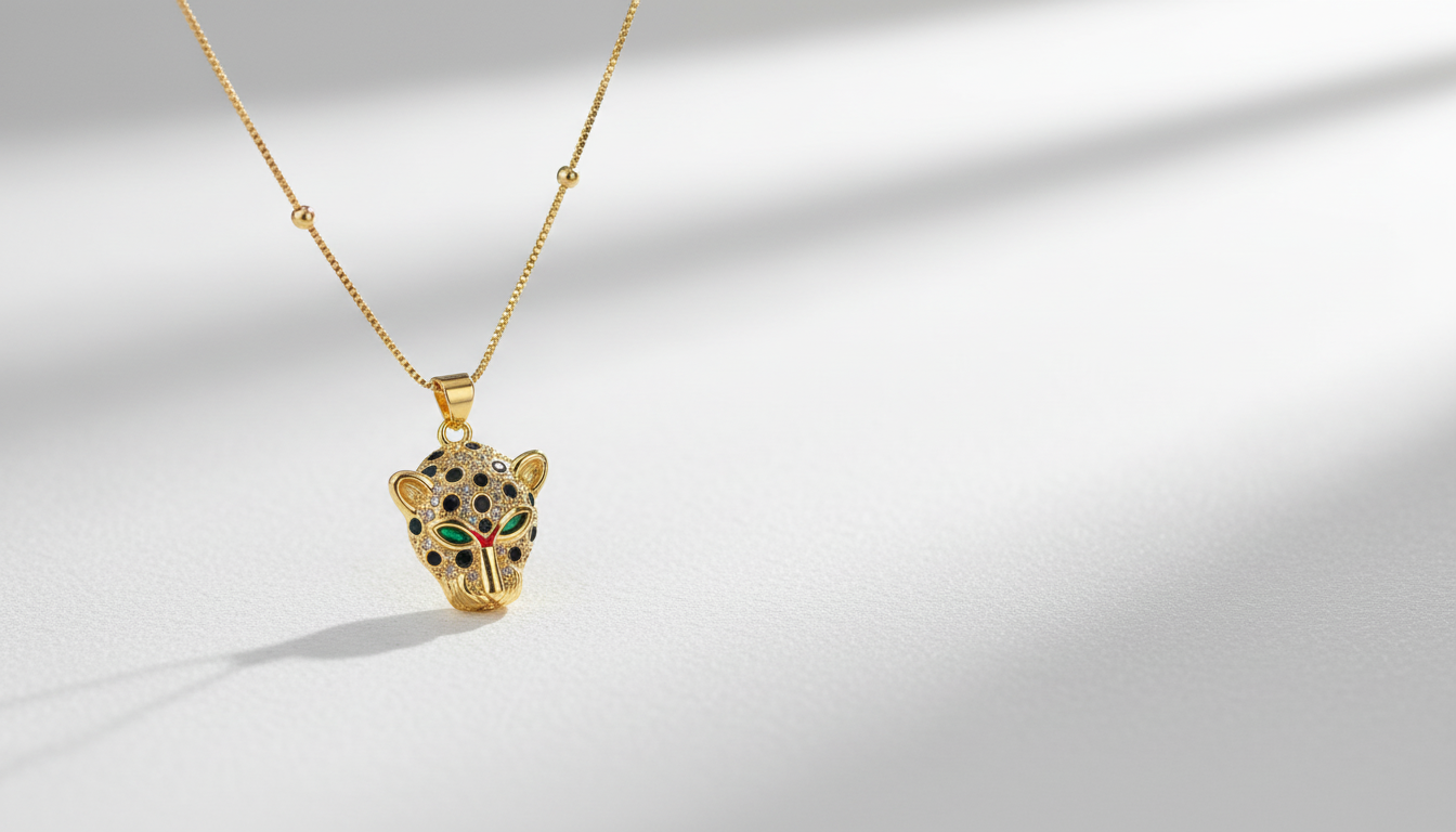 Gold necklace with a panther head pendant decorated with black, green, and red details, hanging against a white background.