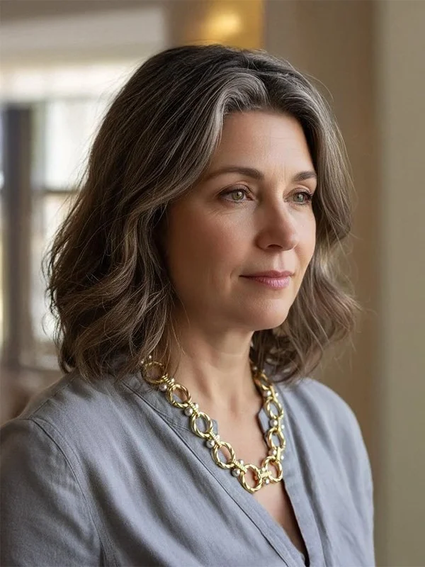 A woman with shoulder-length wavy brown hair, wearing a gray top and a large gold chain necklace, looking thoughtfully out a window.