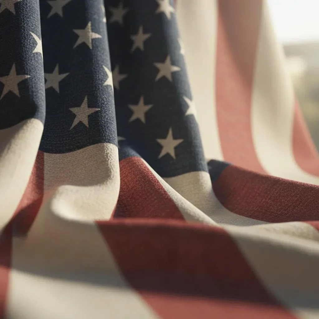 Close-up of fabric with American flag design, showing stars and stripes in red, white, and blue colors.
