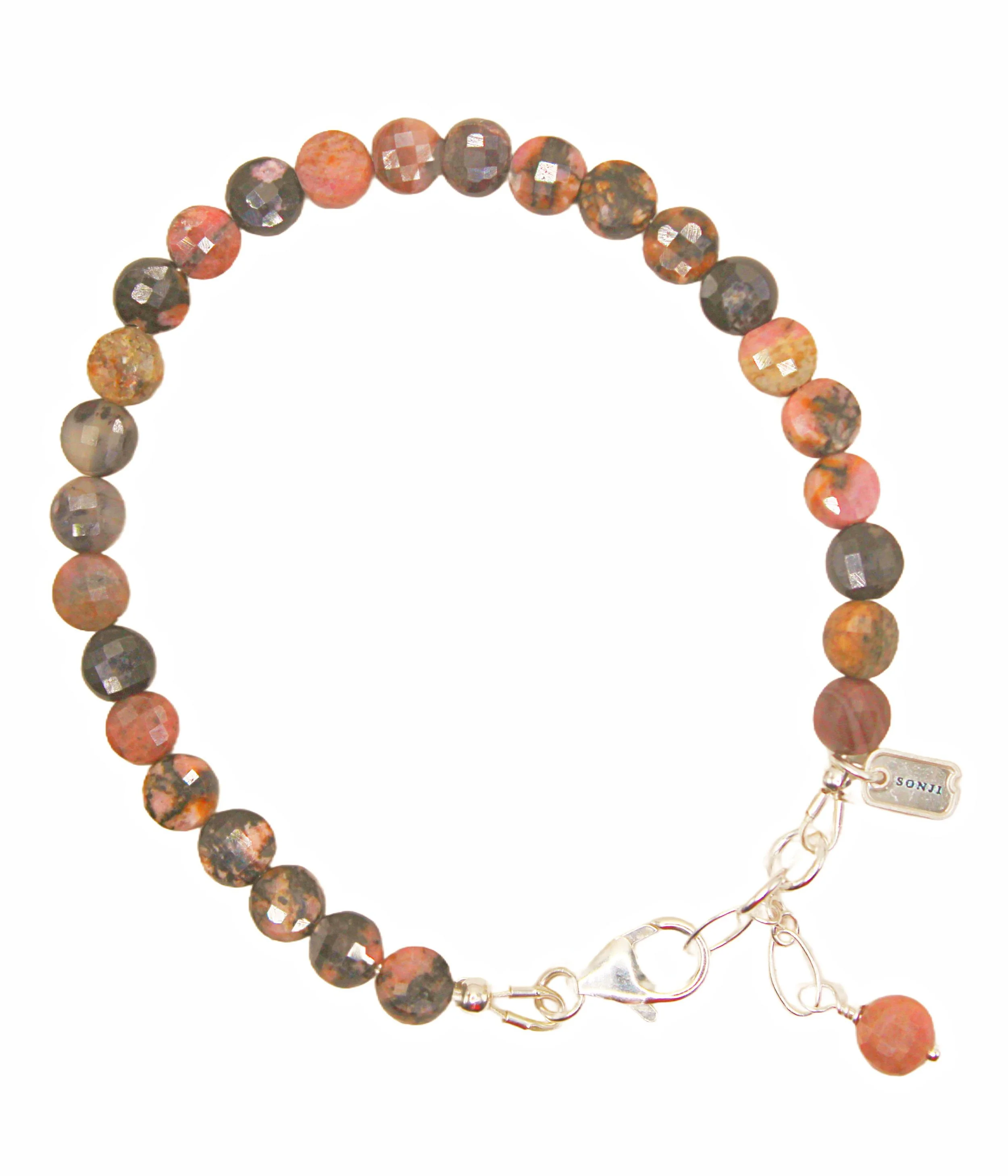 A beaded bracelet with round, faceted stones in shades of pink, brown, and gray, with a silver clasp and a small silver tag engraved with 'SONJI.'