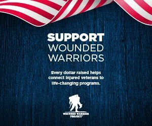 Support wounded warriors fundraising graphic with American flag design at the top and a blue background, featuring a white silhouette of a soldier and the text supporting injured veterans.