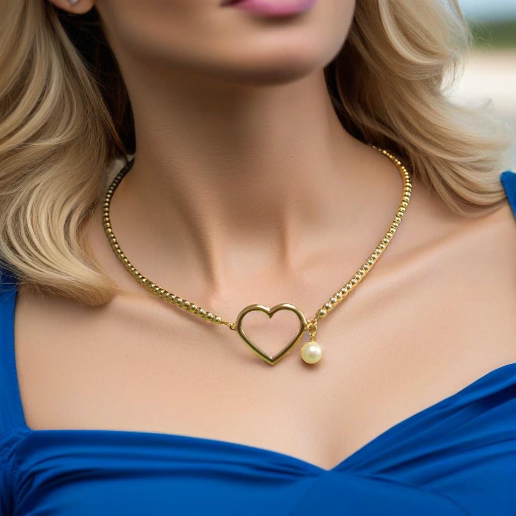 Woman wearing a gold heart-shaped necklace with a pearl pendant, dressed in a blue top.