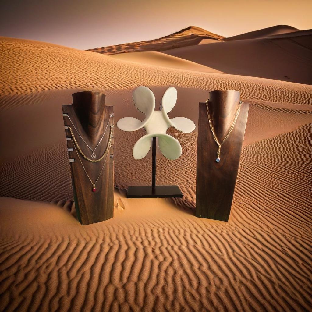 Jewelry displayed on wooden stands in a desert landscape with sand dunes and a sunset sky.