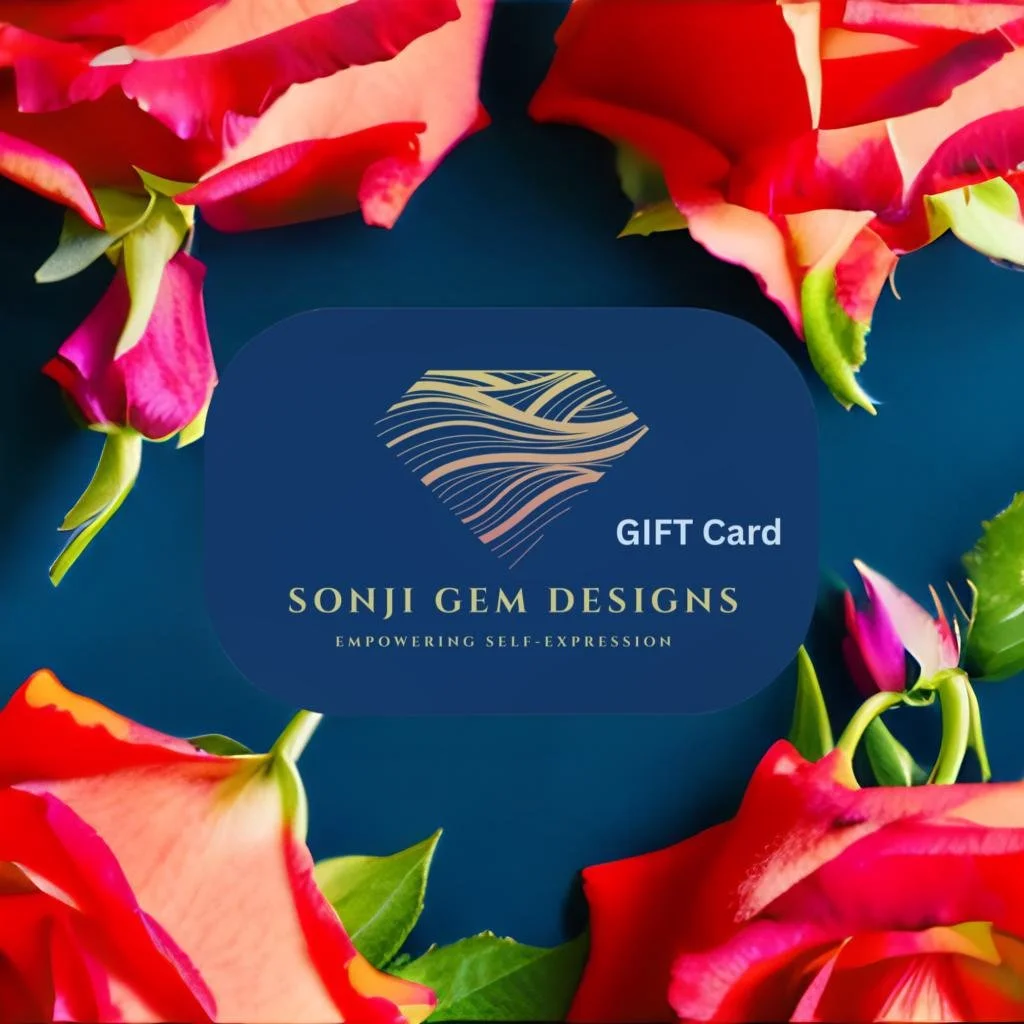 A gift card from Sonji Gem Designs surrounded by colorful rose petals on a dark background.