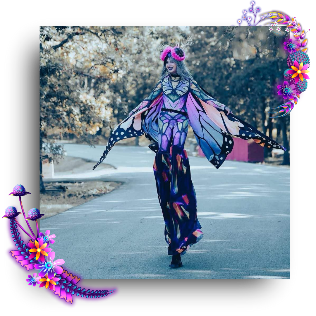 "Vivian Blackfire"
Vivian Blackfire returns to Neon Prairie with an all-new stilt-walking character, bringing color, movement, and playful interaction to the festival grounds with her team. Known for transforming into larger-than-life creations, she