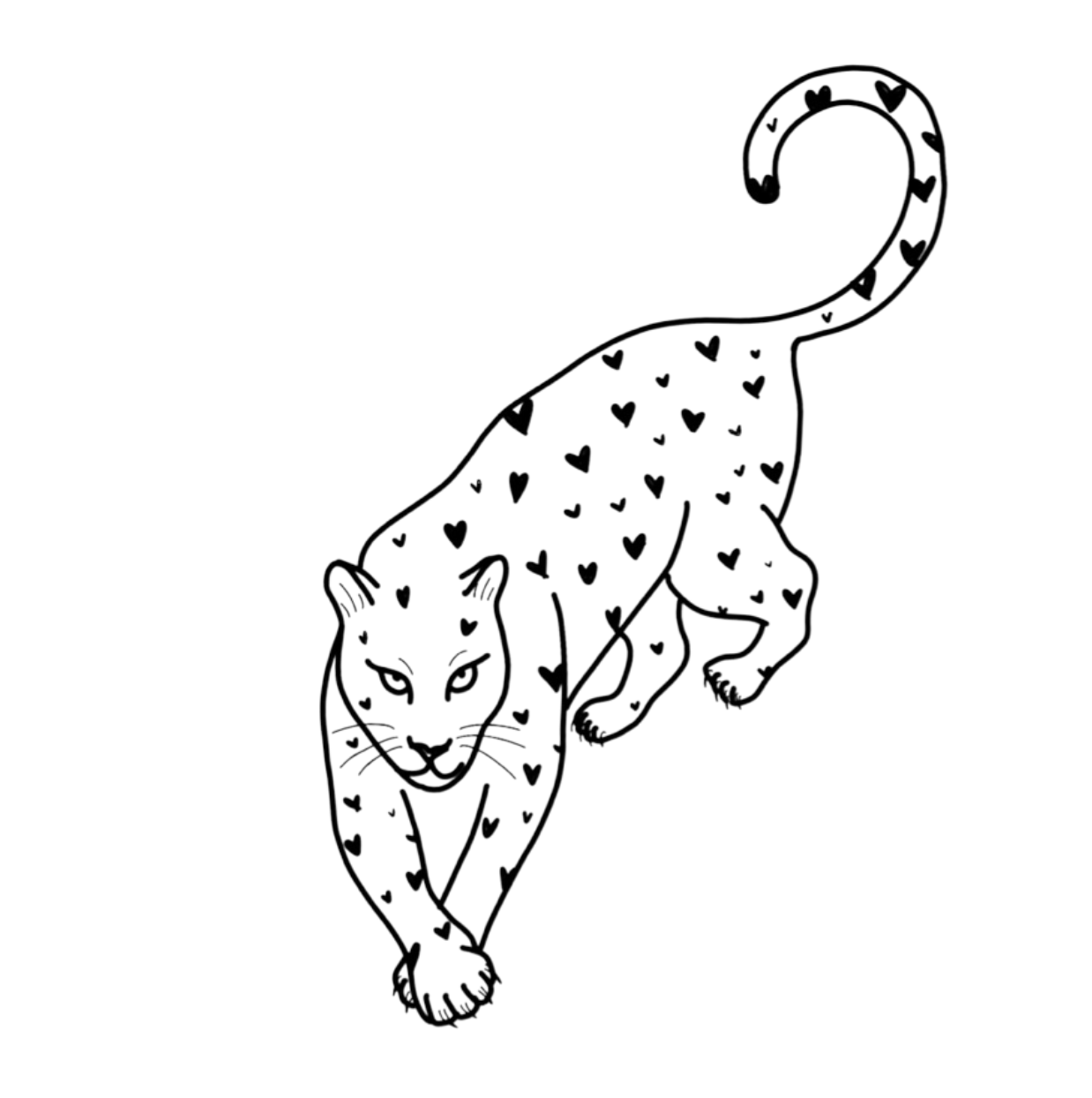Black and white line drawing of a jaguar walking towards the viewer, covered in small heart shapes.