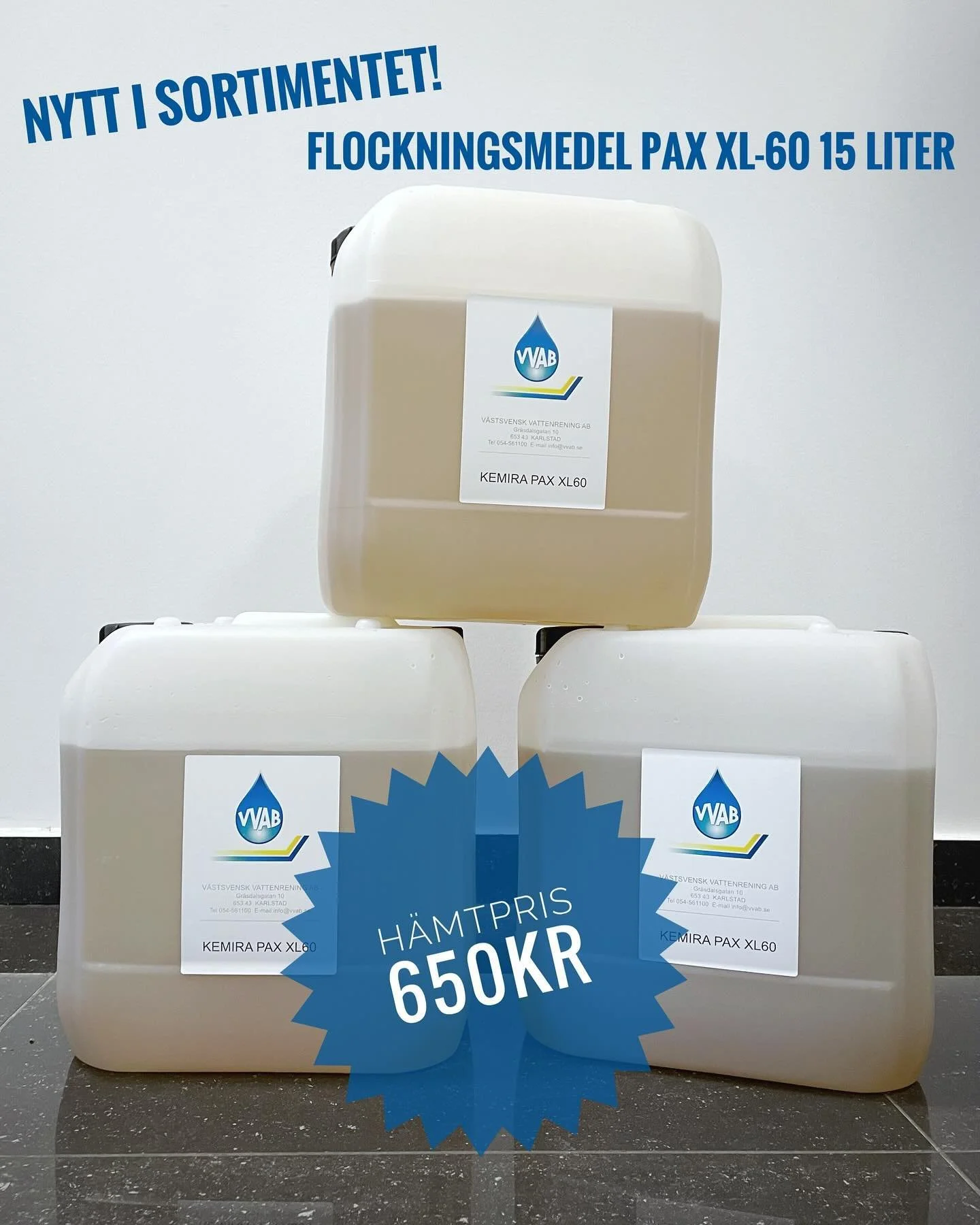 Flockningsmedel PAX XL-60 15L (19,8 kg)
(Polyaluminiumkloridlösning)
Används bl a för flockning av avloppsvatten i minireningsverk
Hämtpris: 650kr inkl moms
Välkommen till oss på Gräsdalen!
Öppettider: Må