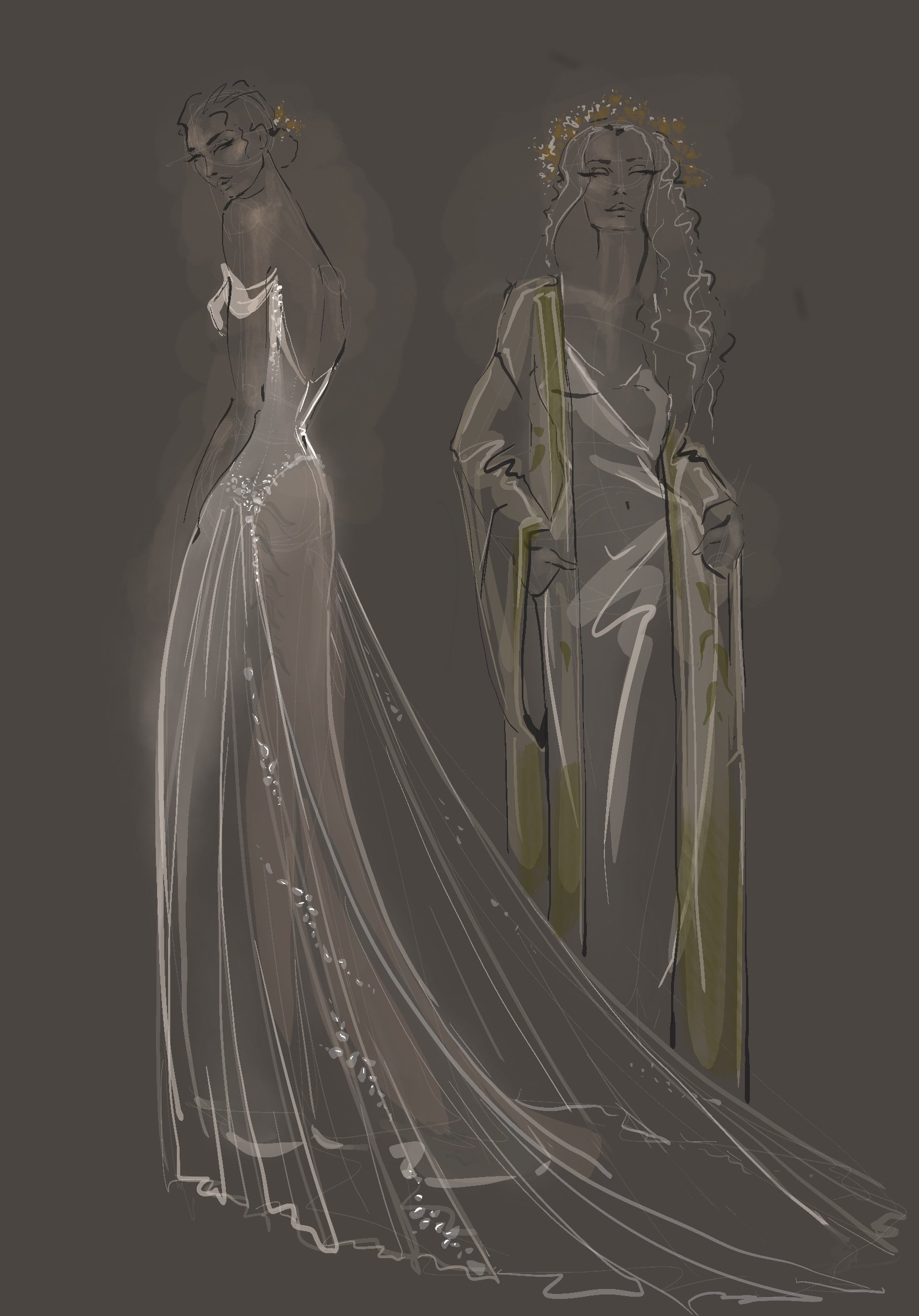Fashion sketches of two women, one in a detailed gown and the other in a long coat with hands in pockets, both with relaxed expressions and styled hair, on a dark background.