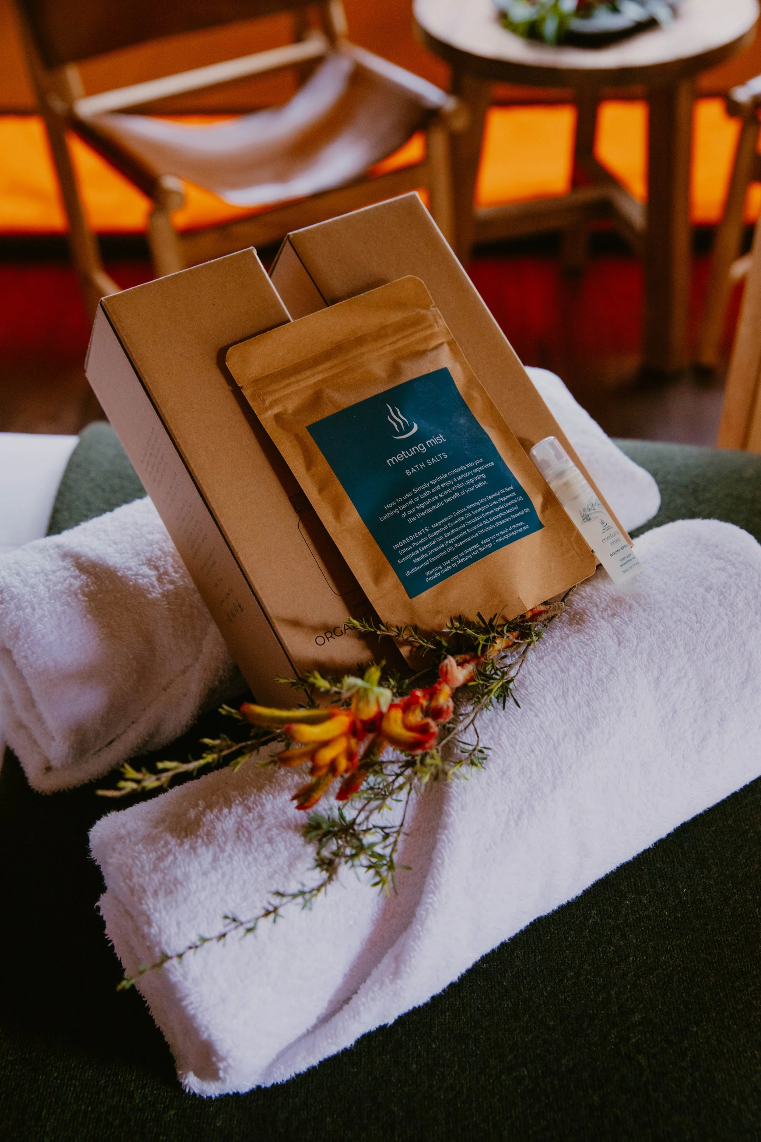 Retail products positioned against a towel