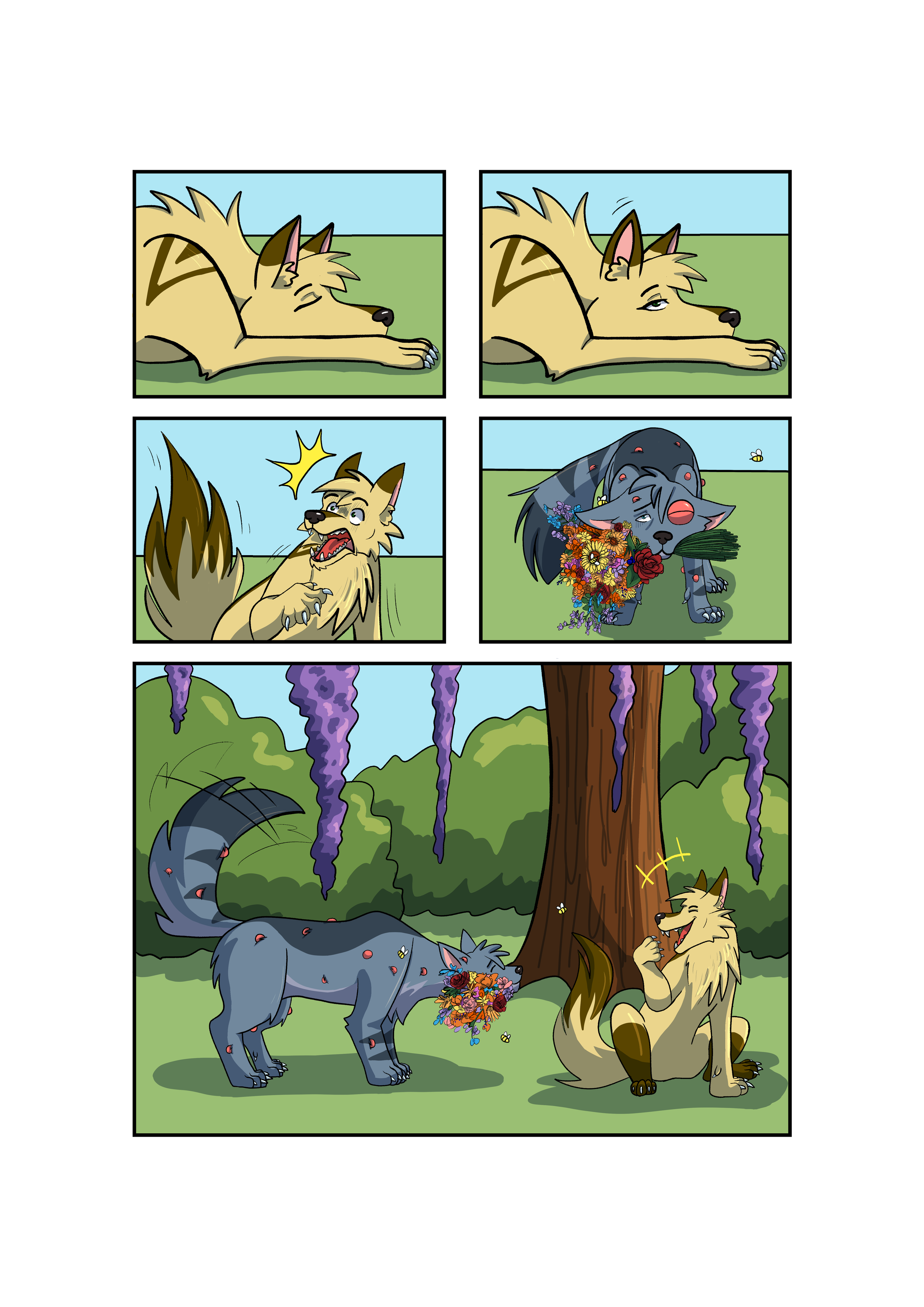 A wolf is surprised by their mate bringing a gift
