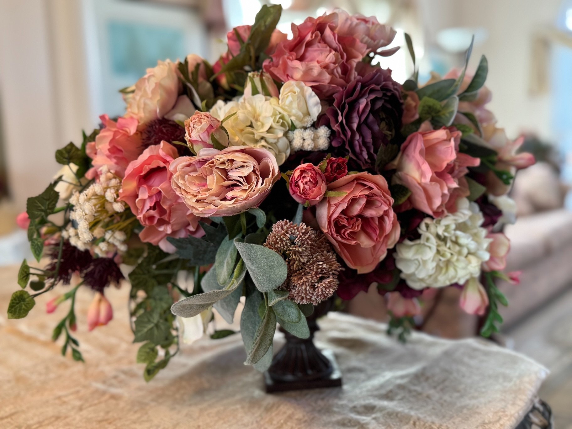 Interior Decorating with handmade silk flower arrangement.