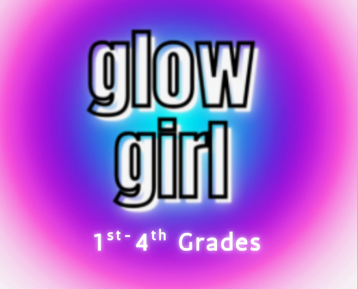 The text 'glow girl' in bold black outline font with a glowing background of purple, blue, and pink colors.