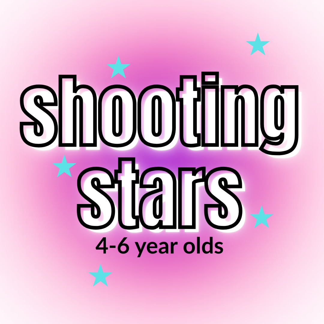 Text reading 'shooting stars 4-6 year olds' on a pink and purple background with blue stars.