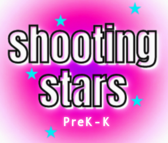 Colorful graphic with pink and purple gradient background, the words 'shooting stars' in bold black and white text, surrounded by small blue stars.