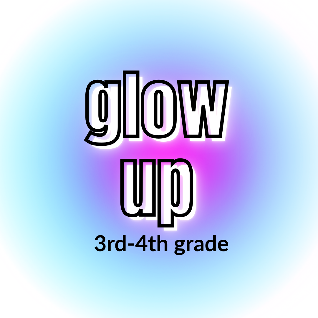 The image features the word 'glow' written in large, stylized font with a glowing purple and blue background. Below, it says '3rd-4th grade' in smaller black text.