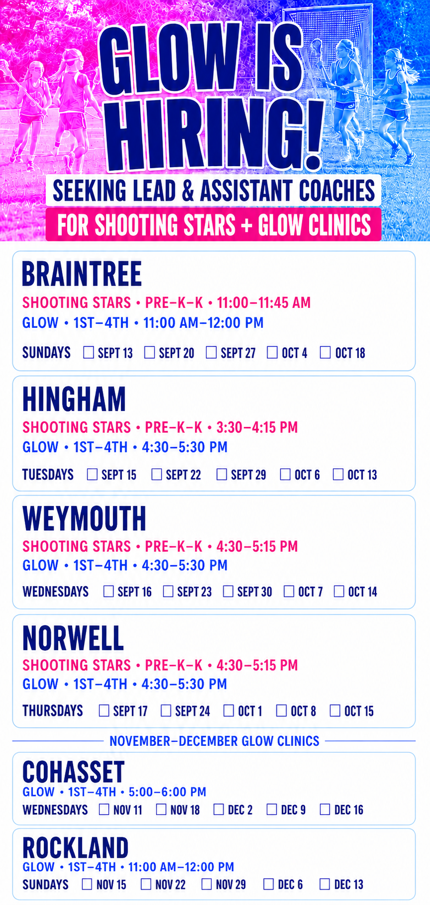 Poster announcing glow clinics for shooting stars and sports clinics for various towns including Braintree, Hingham, Weymouth, Norwell, Cohasset, and Rockland, with schedules and dates.