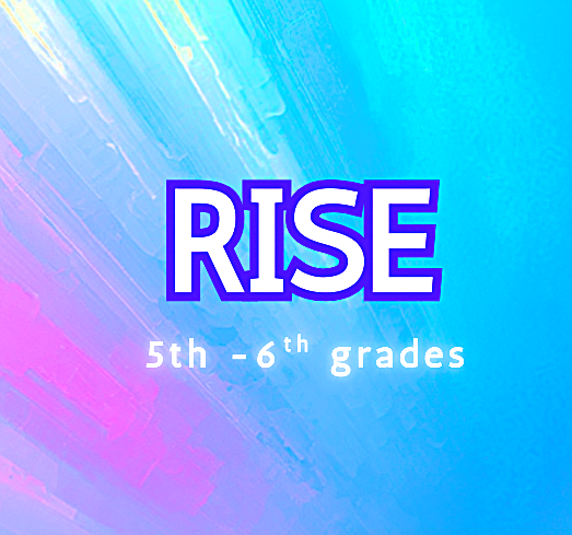 Text that reads 'rise' with a glowing purple and blue background.