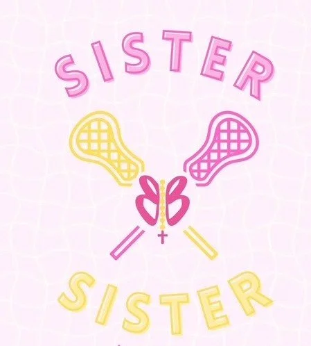 Illustration of two crossed tennis rackets with a butterfly in the center, surrounded by the words "SISTER" in pink and yellow, on a light background.