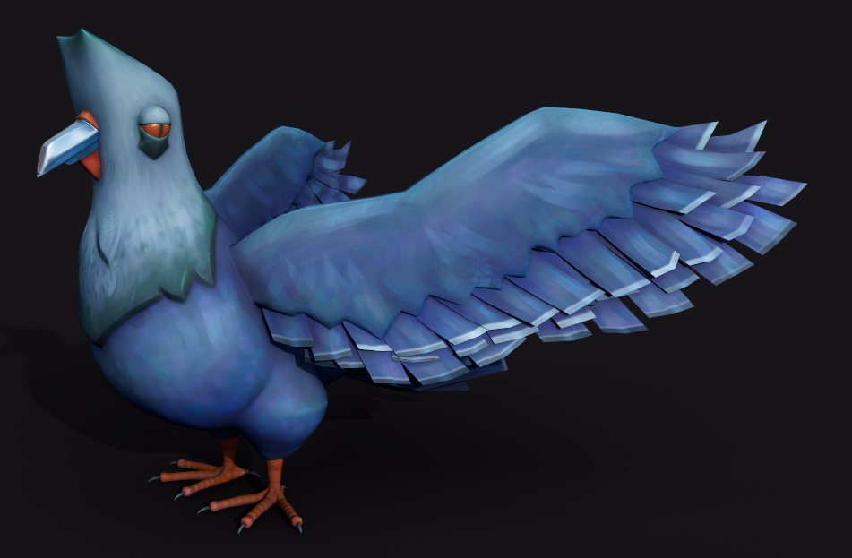 A cartoonish, 3D model of a blue pigeon, an enemy from The Box is Alive, with it's wings outstretched across a black background. 