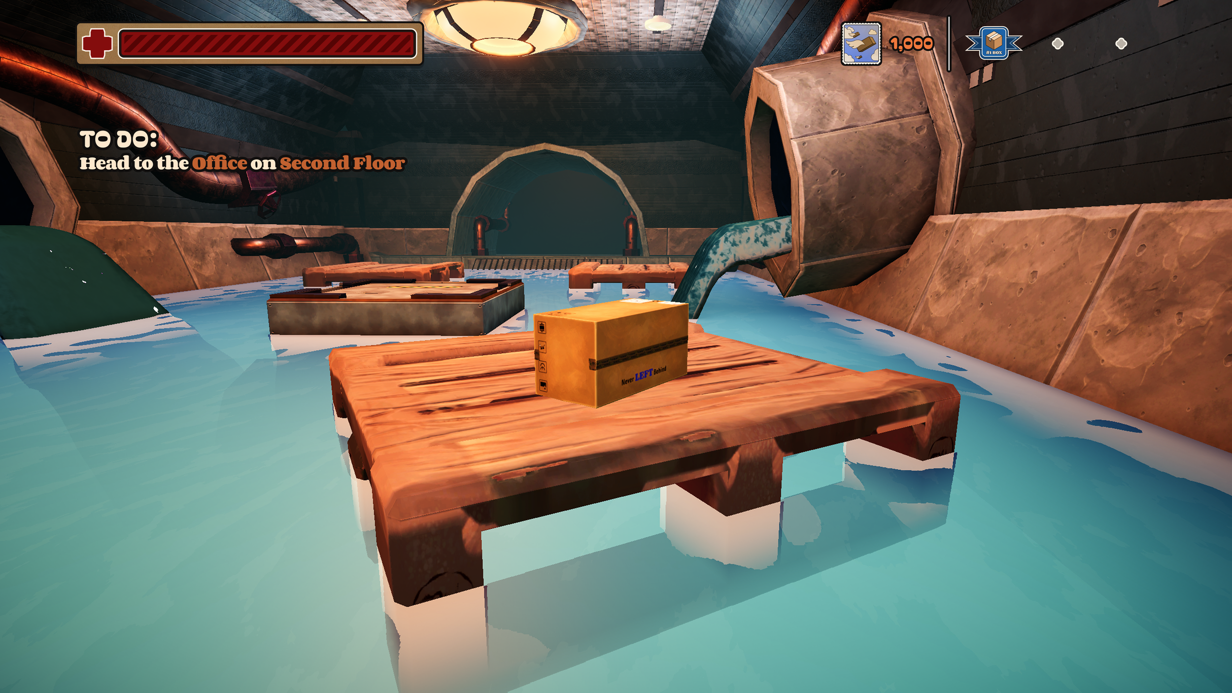 The sewer level from The Box is Alive, depicting a flooded environment with a cardboard box sitting on a floating, wooden platform. The background features a dark tunnel entrance, other floating platforms, and water flowing out from a pipe.