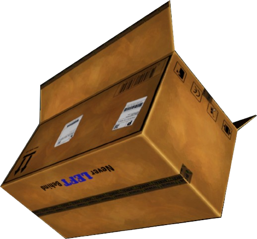 The cardboard box character from The Box is Alive, leaping into the air with it's flaps open. The box has various shipping labels, stickers, and instructions on it's surface.