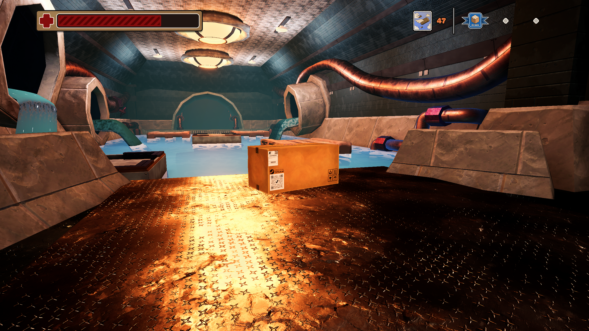 A cardboard box, from the 3D platformer The Box is Alive, sitting on a textured metallic floor. The package looks across a long, industrial room filled with pipes and flooded with bright, blue water. 